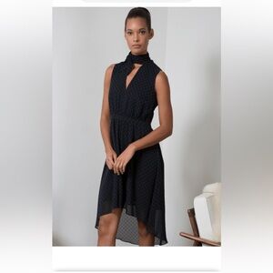 Avec Les filles Black with Navy Swiss Dot Chiffon Hi Lo Dress NWT Medium